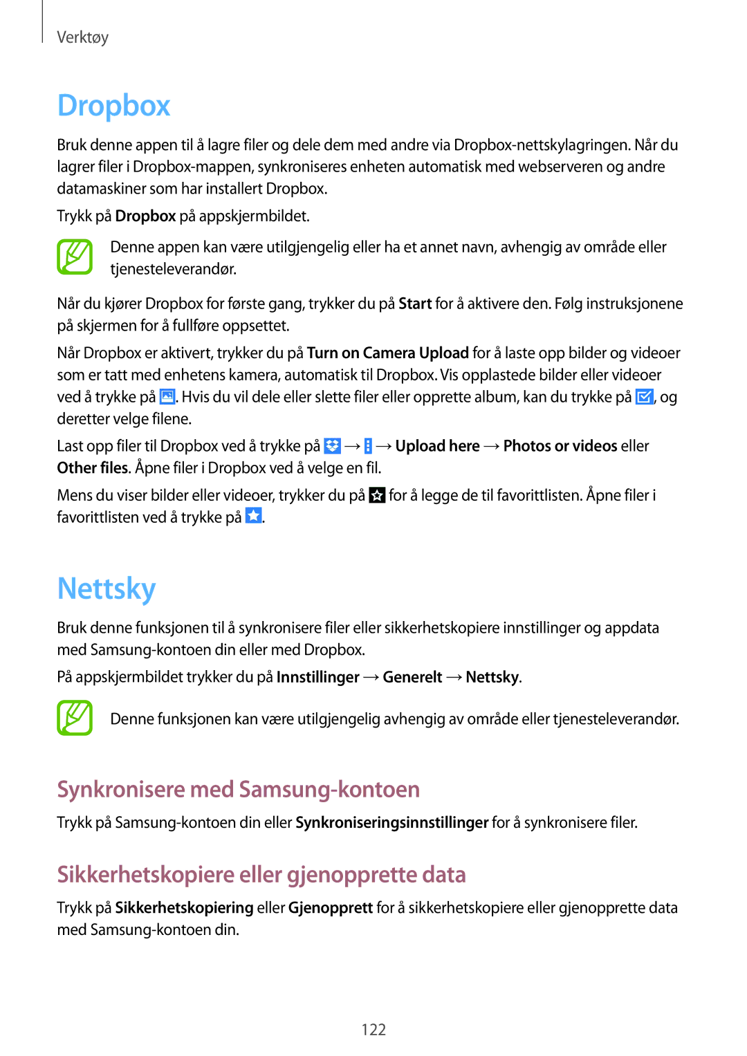 Samsung SM-P9000ZKANEE manual Dropbox, Nettsky, Synkronisere med Samsung-kontoen, Sikkerhetskopiere eller gjenopprette data 