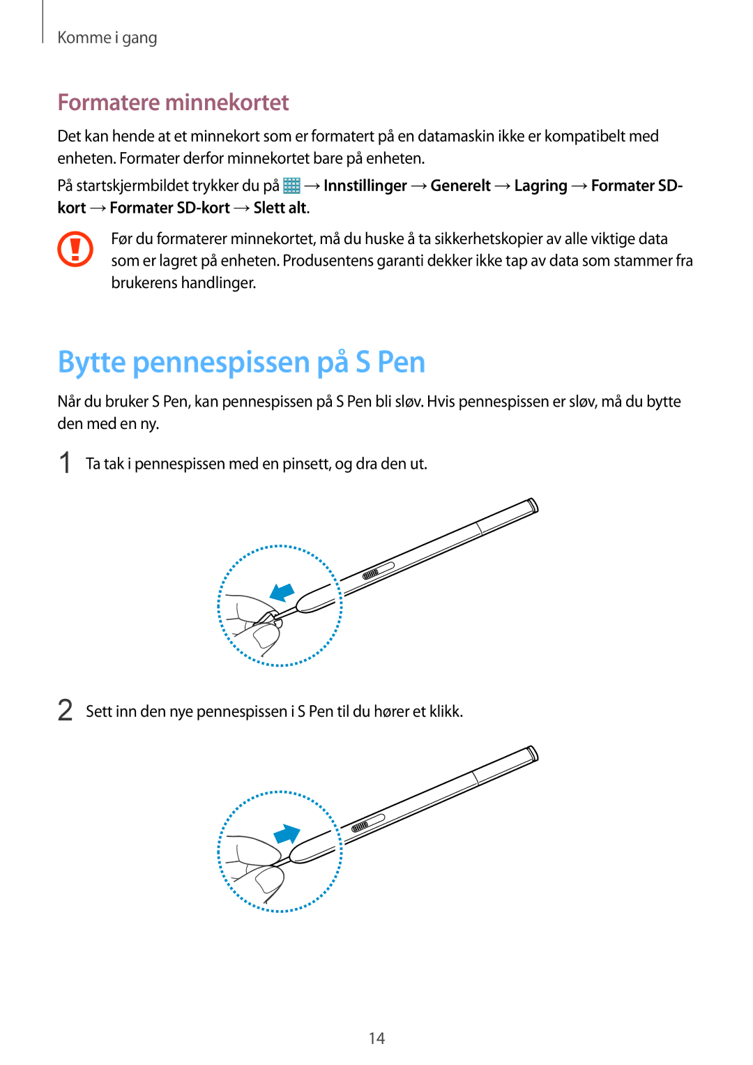 Samsung SM-P9000ZKANEE, SM-P9000ZKYNEE, SM-P9000ZWYNEE, SM-P9000ZWANEE Bytte pennespissen på S Pen, Formatere minnekortet 