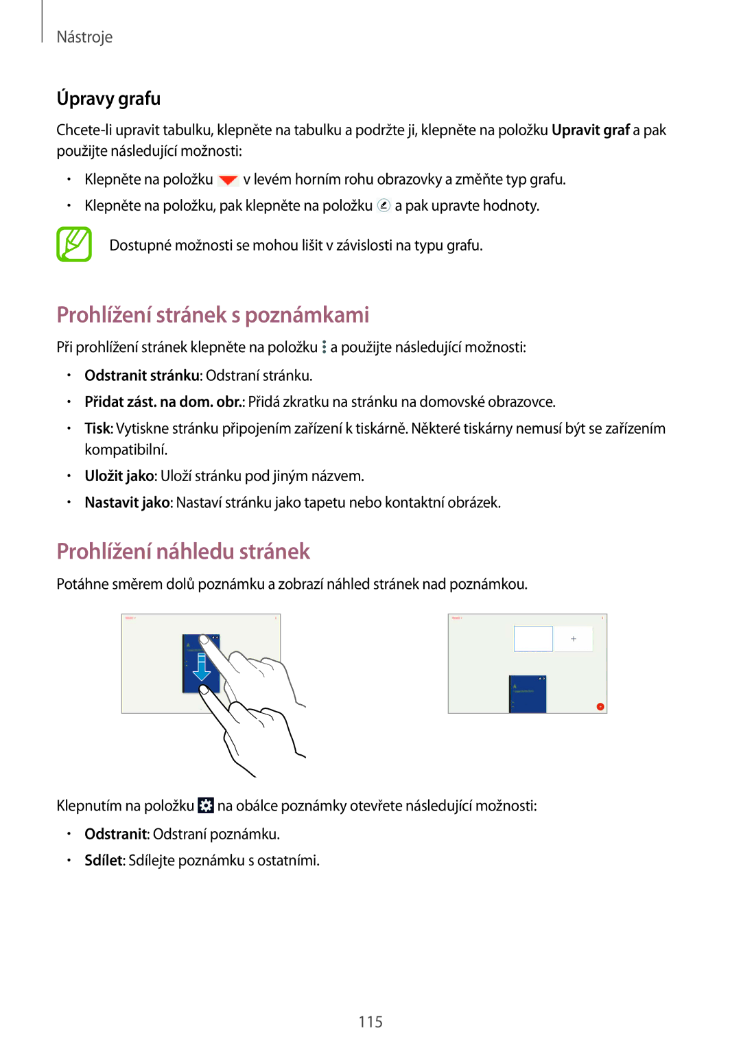 Samsung SM-P9000ZKAXSK, SM-P9000ZWAATO manual Prohlížení stránek s poznámkami, Prohlížení náhledu stránek, Úpravy grafu 