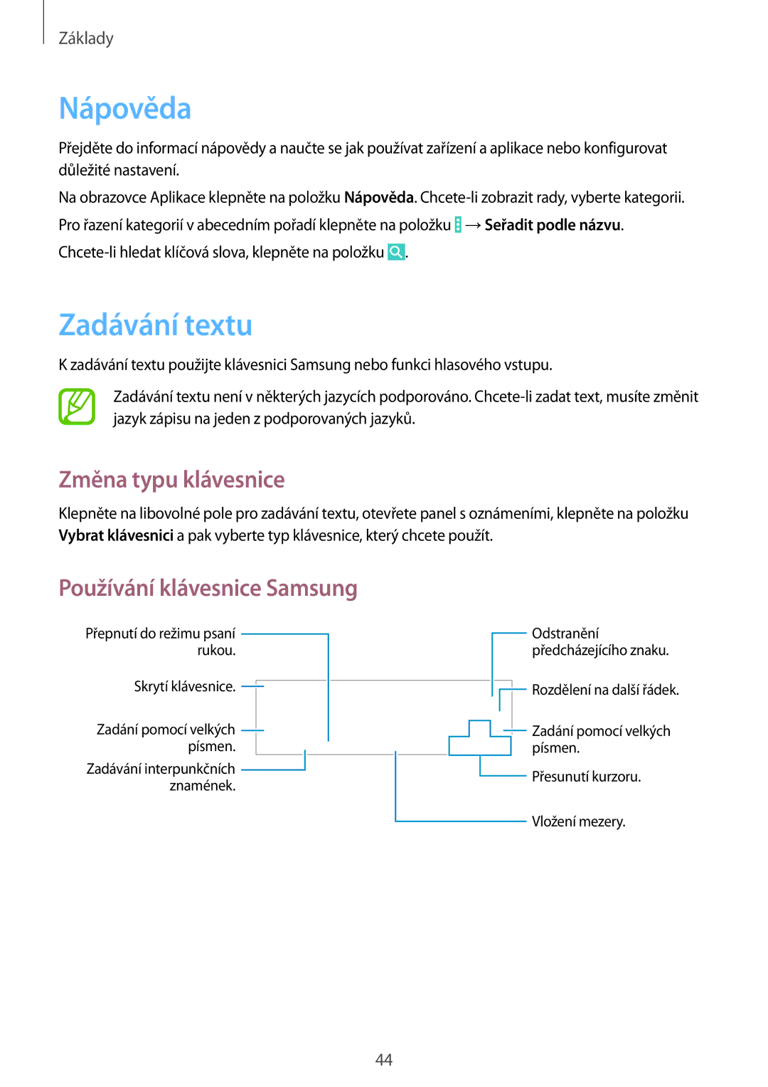 Samsung SM-P9000ZWAXSK, SM-P9000ZWAATO, SM-P9000ZKAATO, SM-P9000ZKYEUR manual Nápověda, Zadávání textu, Změna typu klávesnice 