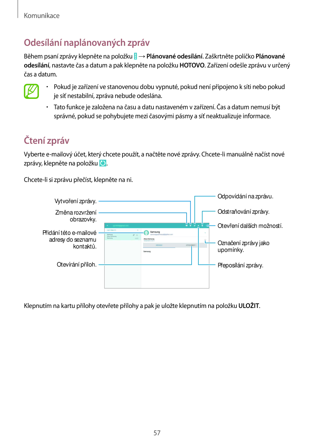 Samsung SM-P9000ZKYAUT, SM-P9000ZWAATO, SM-P9000ZKAATO, SM-P9000ZKYEUR manual Odesílání naplánovaných zpráv, Čtení zpráv 