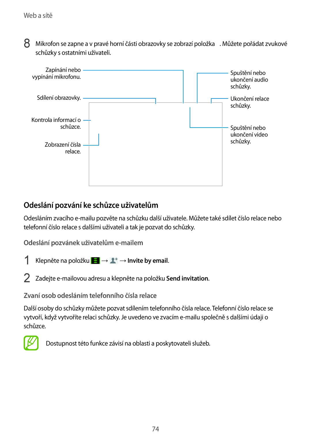 Samsung SM-P9000ZKYEUR, SM-P9000ZWAATO manual Odeslání pozvání ke schůzce uživatelům, Odeslání pozvánek uživatelům e-mailem 