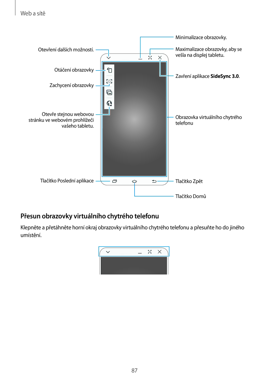 Samsung SM-P9000ZWAXEH, SM-P9000ZWAATO, SM-P9000ZKAATO, SM-P9000ZKYEUR manual Přesun obrazovky virtuálního chytrého telefonu 