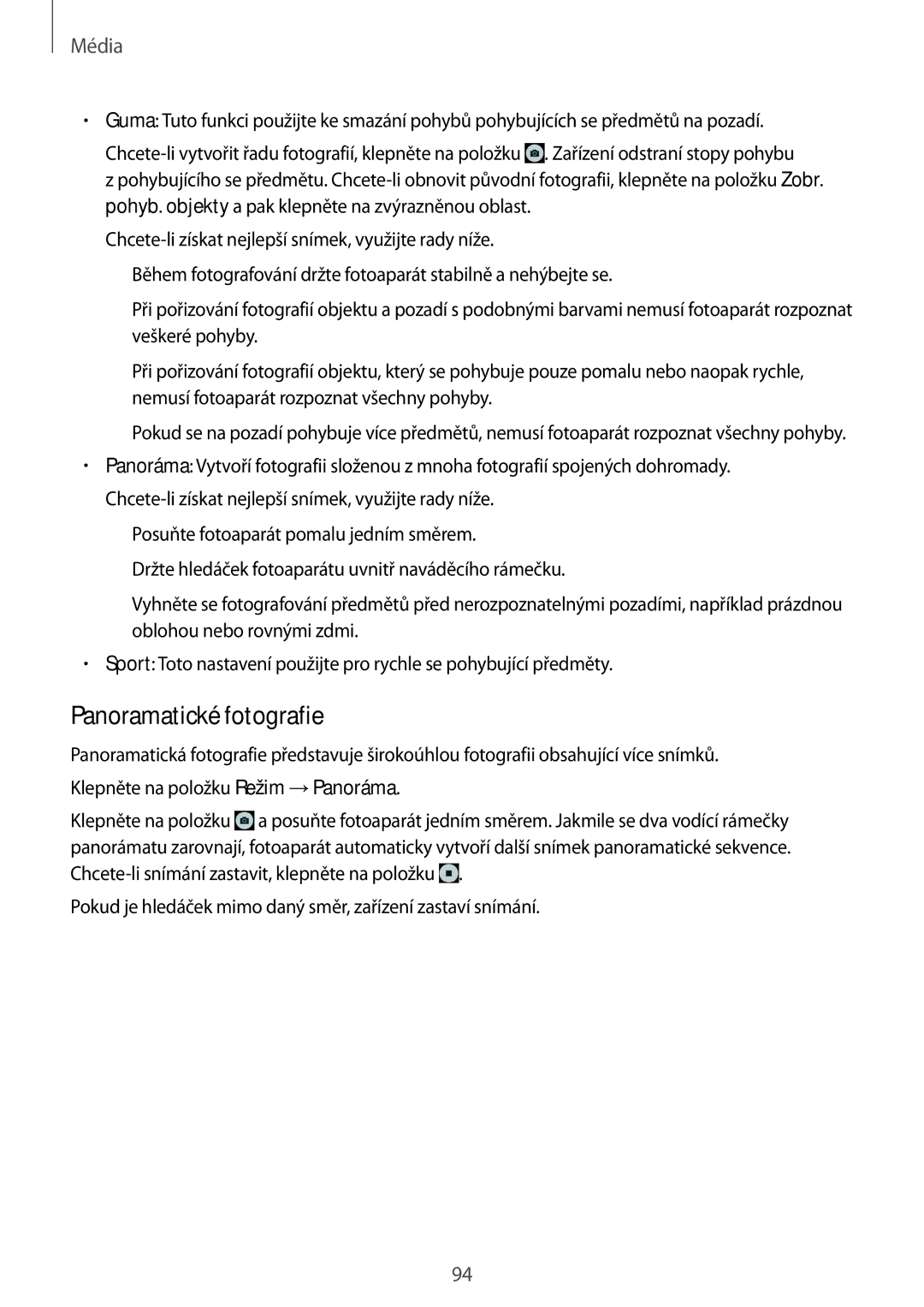 Samsung SM-P9000ZKAXEZ, SM-P9000ZWAATO, SM-P9000ZKAATO, SM-P9000ZKYEUR, SM-P9000ZWAXEH manual Panoramatické fotografie 