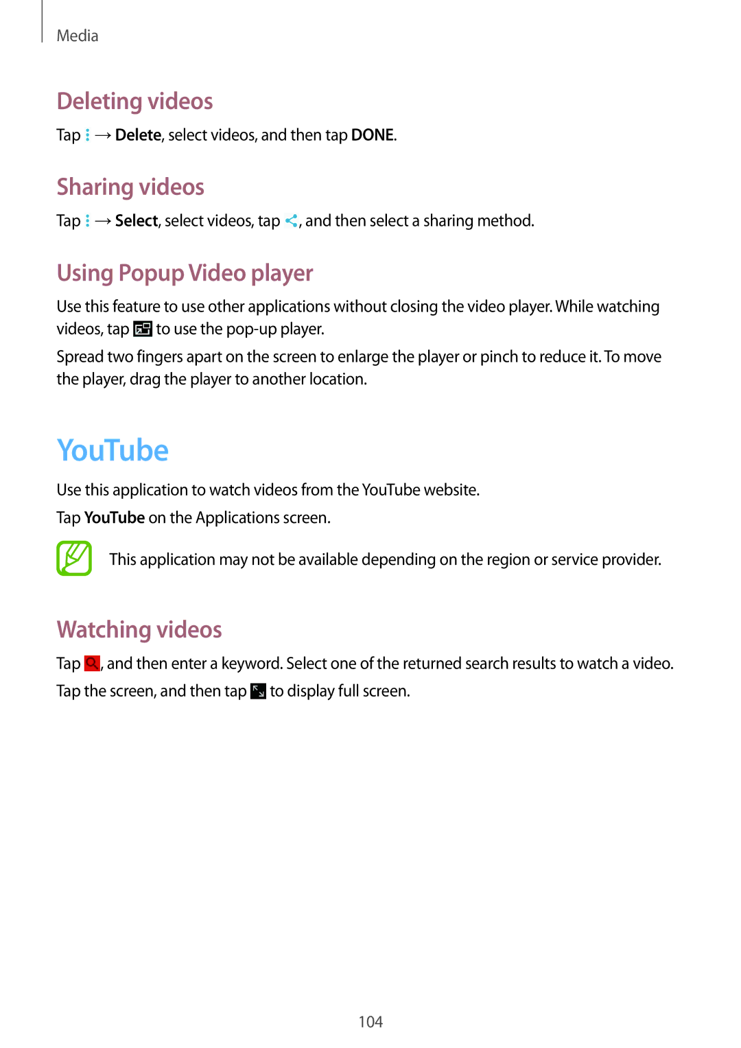 Samsung SM-P9000ZKASEB, SM-P9000ZWAATO YouTube, Deleting videos, Sharing videos, Using Popup Video player, Watching videos 