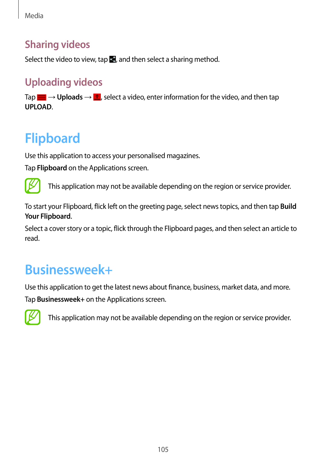 Samsung SM-P9000ZKAATO, SM-P9000ZWAATO, SM-P9000ZKAXEO, SM-P9000ZKASEB manual Flipboard, Businessweek+, Uploading videos 