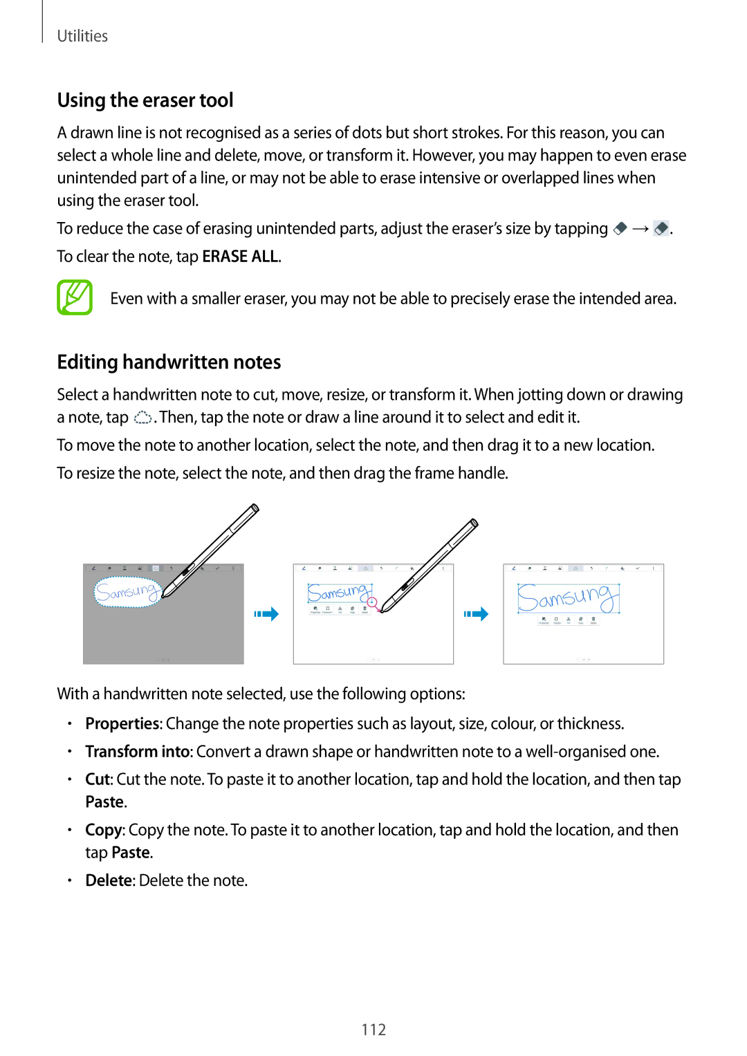 Samsung SM-P9000ZKYEUR, SM-P9000ZWAATO, SM-P9000ZKAXEO, SM-P9000ZKASEB manual Using the eraser tool, Editing handwritten notes 