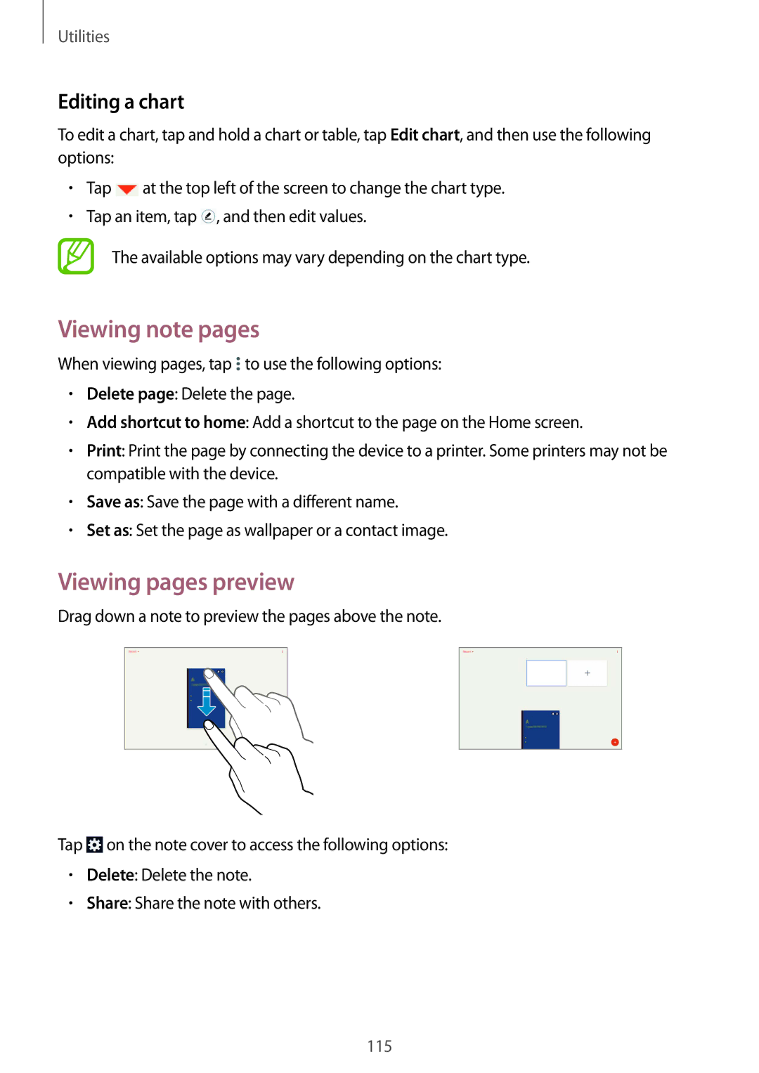 Samsung SM-P9000ZWAXEF, SM-P9000ZWAATO, SM-P9000ZKAXEO manual Viewing note pages, Viewing pages preview, Editing a chart 