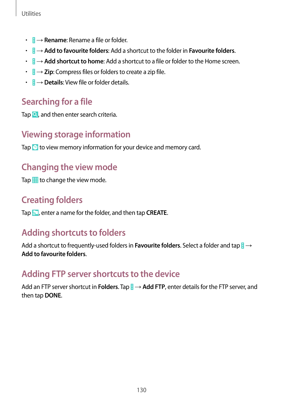 Samsung SM-P9000ZWANEE manual Searching for a file, Viewing storage information, Changing the view mode, Creating folders 