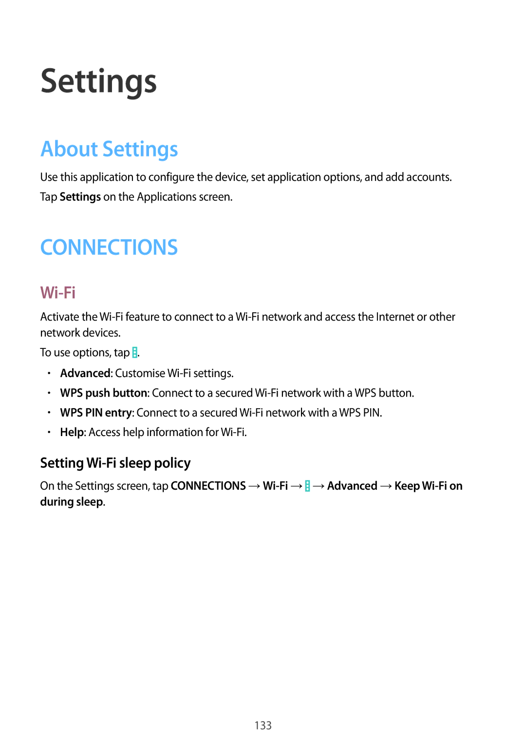 Samsung SM-P9000ZKAEUR, SM-P9000ZWAATO, SM-P9000ZKAXEO, SM-P9000ZKASEB About Settings, Setting Wi-Fi sleep policy 