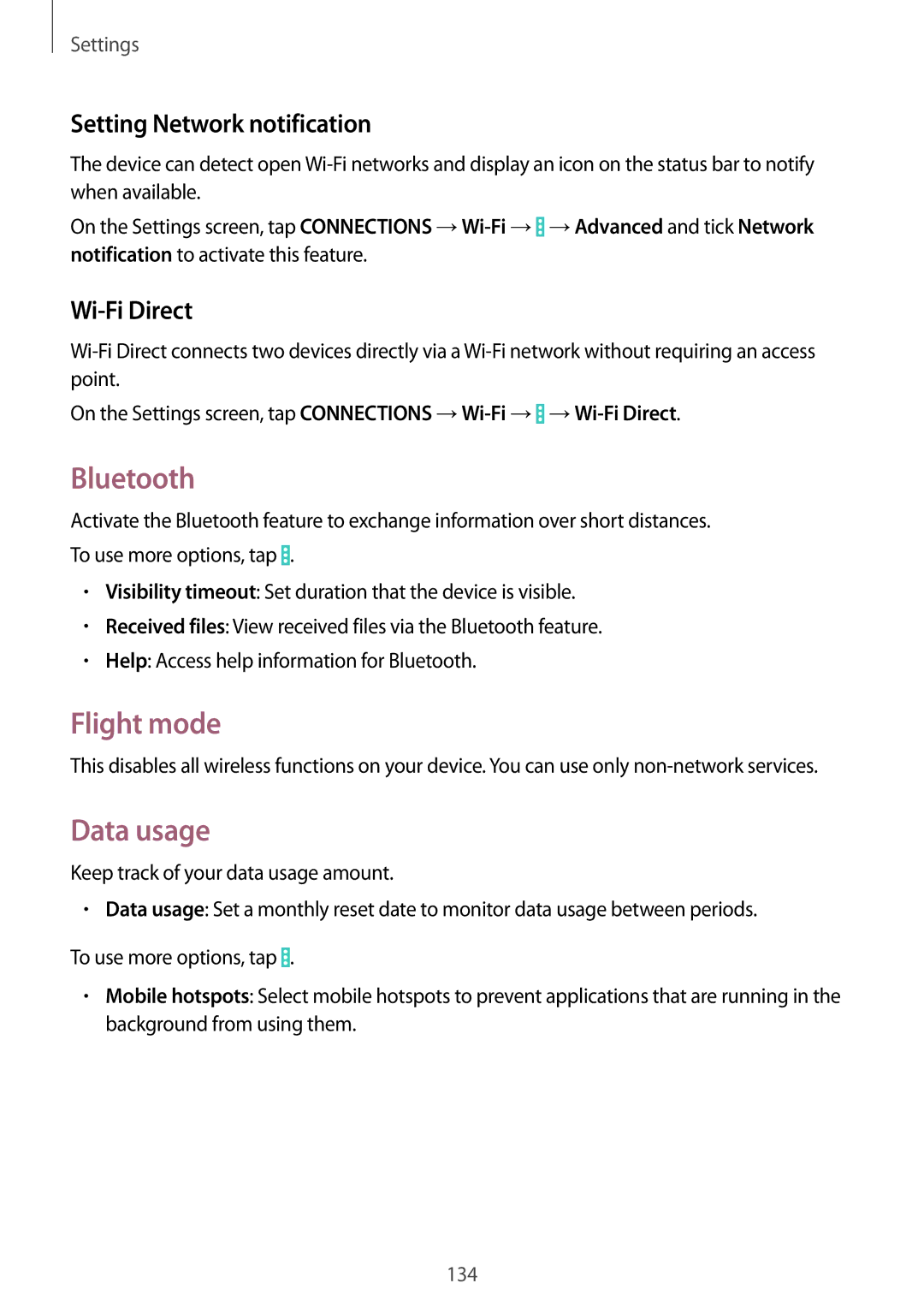 Samsung SM-P9000ZWASER, SM-P9000ZWAATO manual Bluetooth, Flight mode, Data usage, Setting Network notification, Wi-Fi Direct 
