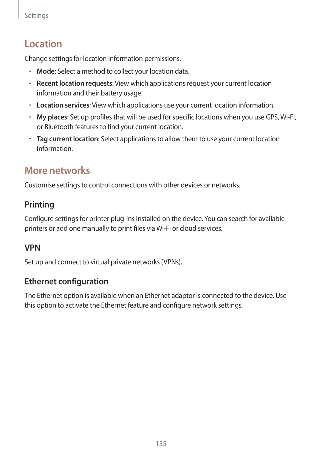 Samsung SM-P9000ZKASER, SM-P9000ZWAATO, SM-P9000ZKAXEO manual Location, More networks, Printing, Ethernet configuration 