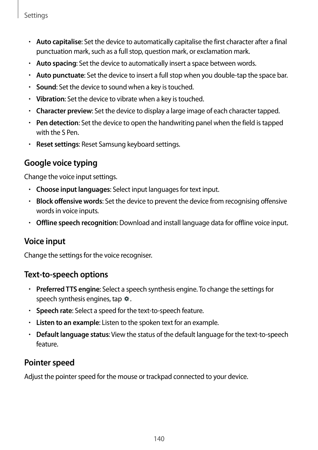 Samsung SM-P9000ZKADBT, SM-P9000ZWAATO manual Google voice typing, Voice input, Text-to-speech options, Pointer speed 