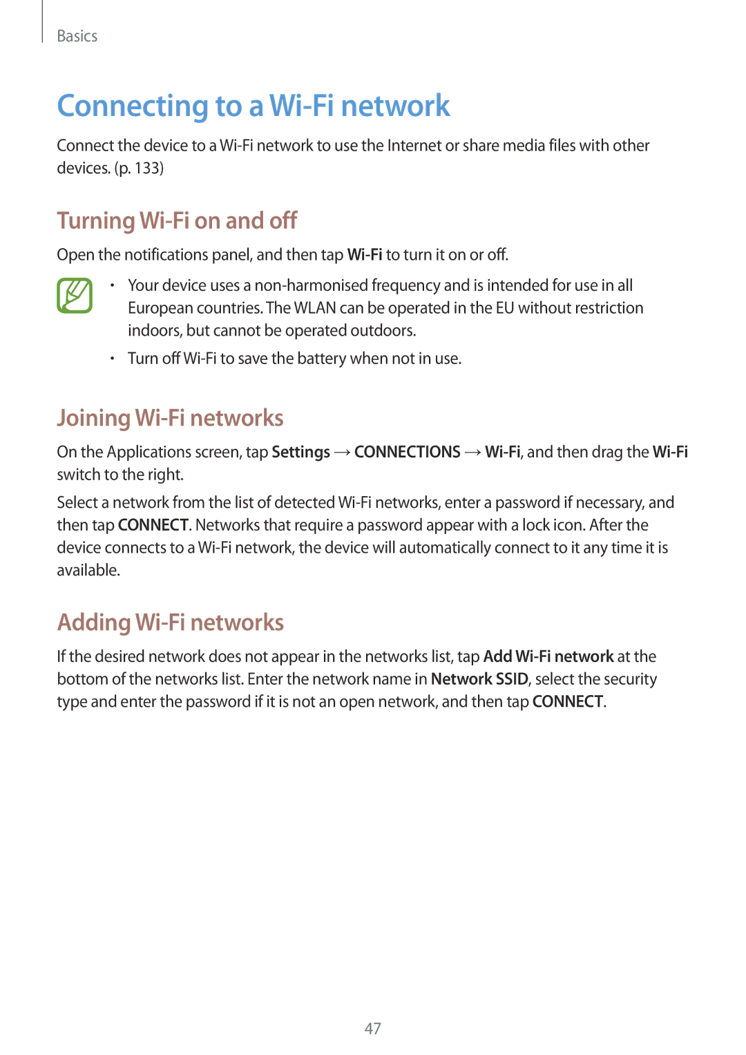 Samsung SM-P9000ZWAXEF, SM-P9000ZWAATO Connecting to a Wi-Fi network, Turning Wi-Fi on and off, Joining Wi-Fi networks 