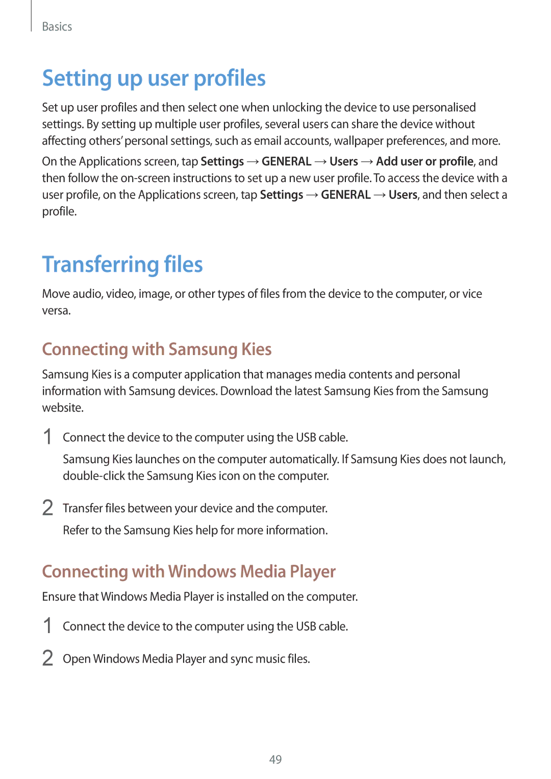 Samsung SM-P9000ZWAPHE, SM-P9000ZWAATO manual Setting up user profiles, Transferring files, Connecting with Samsung Kies 