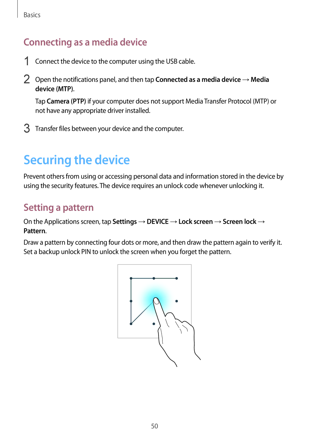 Samsung SM-P9000ZWAXEH, SM-P9000ZWAATO Securing the device, Connecting as a media device, Setting a pattern, Device MTP 