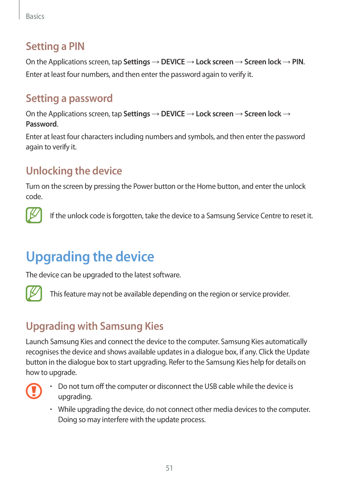 Samsung SM-P9000ZKAXEH, SM-P9000ZWAATO manual Upgrading the device, Setting a PIN, Setting a password, Unlocking the device 