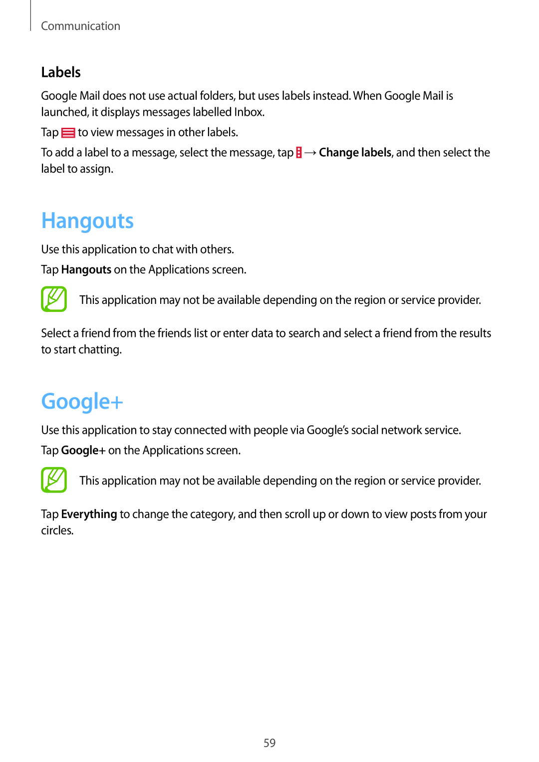 Samsung SM-P9000ZKYNEE, SM-P9000ZWAATO, SM-P9000ZKAXEO, SM-P9000ZKASEB, SM-P9000ZKAATO manual Hangouts, Google+, Labels 