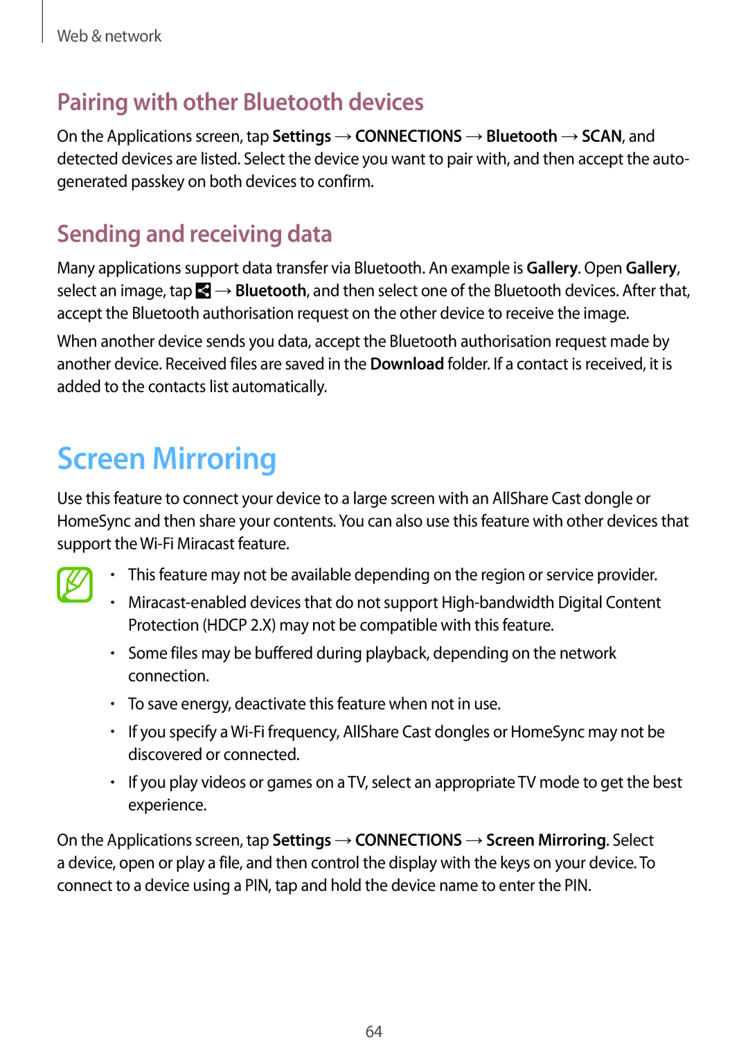 Samsung SM-P9000ZWAEUR, SM-P9000ZWAATO Screen Mirroring, Pairing with other Bluetooth devices, Sending and receiving data 