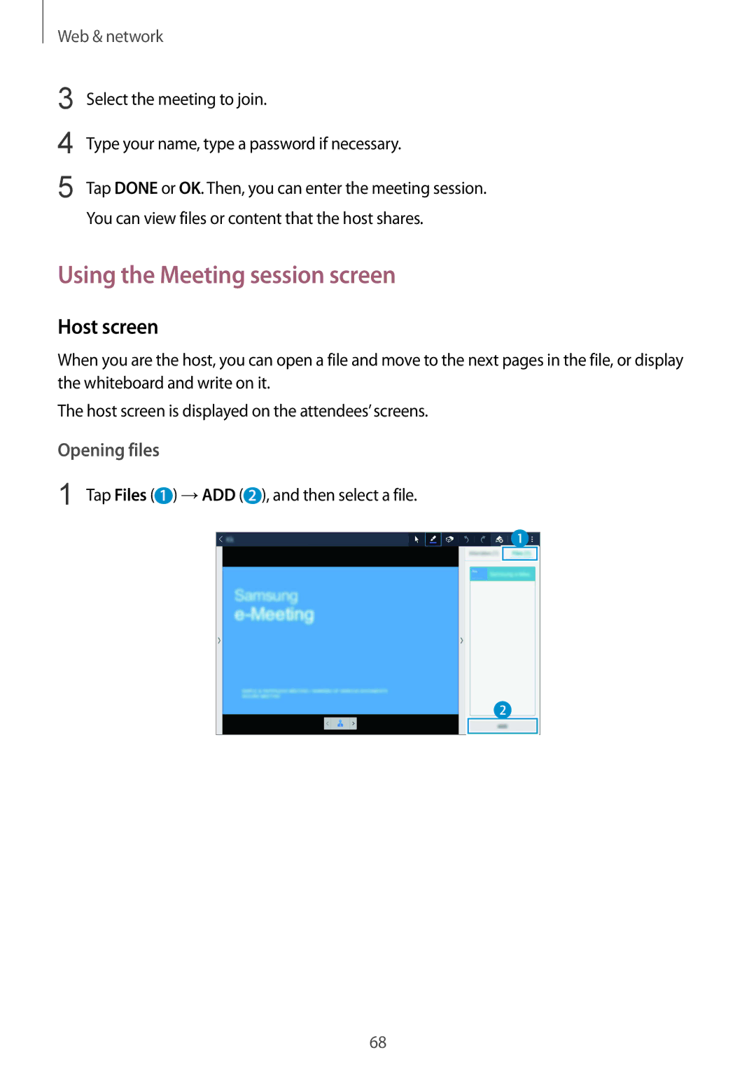 Samsung SM-P9000ZWAATO, SM-P9000ZKAXEO, SM-P9000ZKASEB, SM-P9000ZKAATO manual Using the Meeting session screen, Host screen 