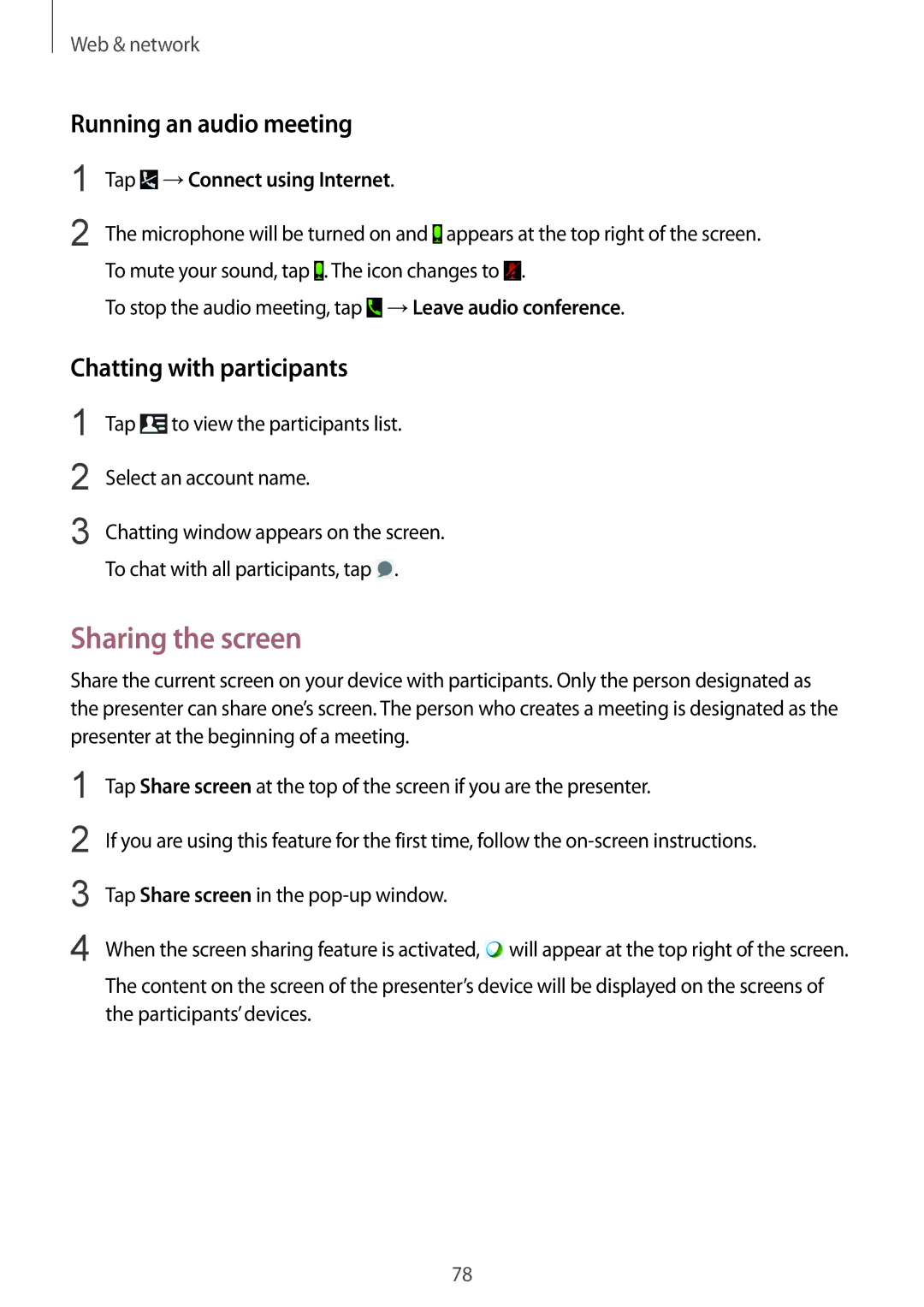 Samsung SM-P9000ZKYEUR, SM-P9000ZWAATO manual Sharing the screen, Running an audio meeting, Chatting with participants 