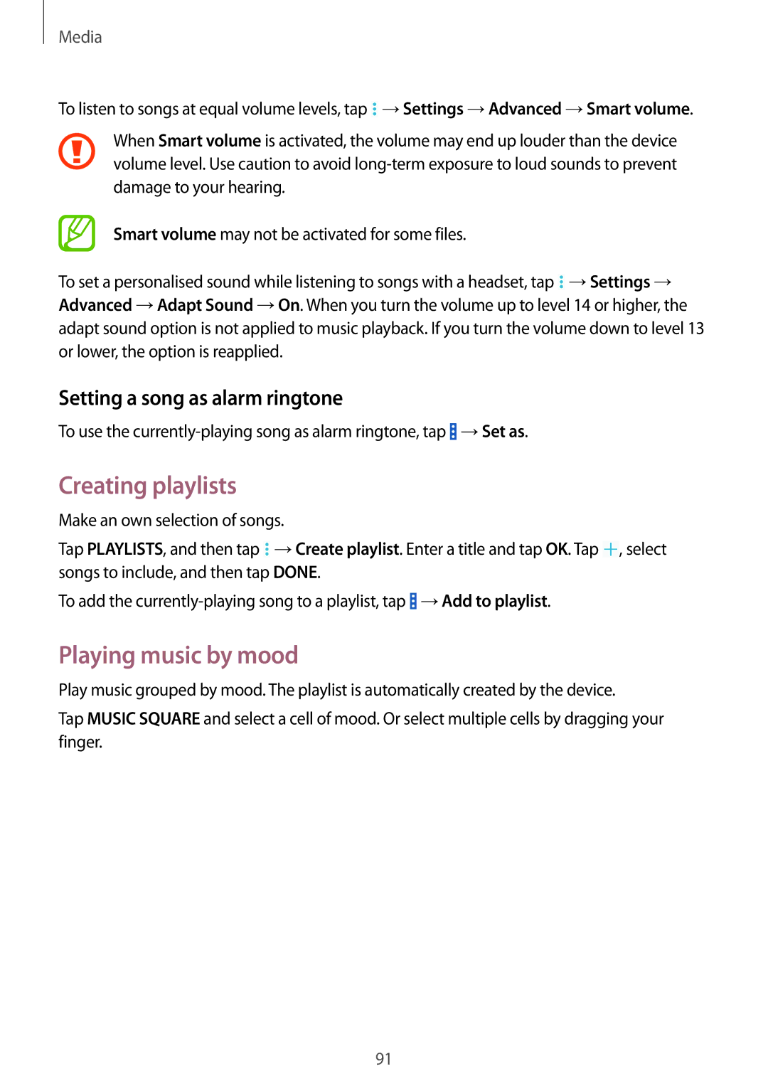 Samsung SM-P9000ZKAXEZ, SM-P9000ZWAATO manual Creating playlists, Playing music by mood, Setting a song as alarm ringtone 