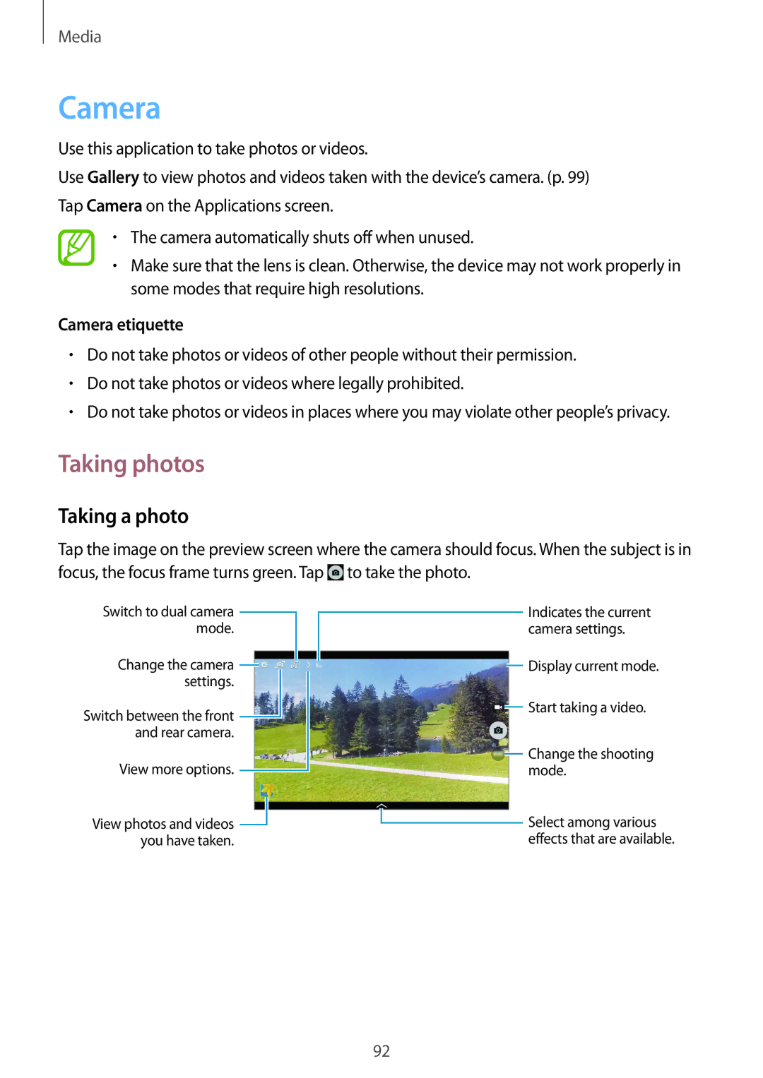 Samsung SM-P9000ZKAAUT, SM-P9000ZWAATO, SM-P9000ZKAXEO, SM-P9000ZKASEB Taking photos, Taking a photo, Camera etiquette 