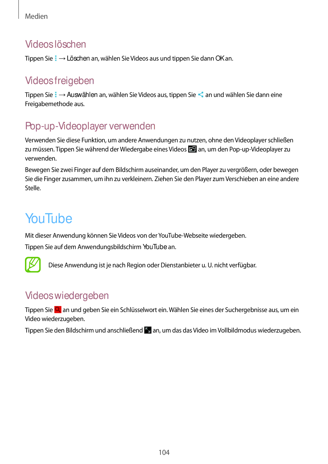 Samsung SM-P9000ZWAATO, SM-P9000ZKAXEO manual YouTube, Videos löschen, Videos freigeben, Pop-up-Videoplayer verwenden 