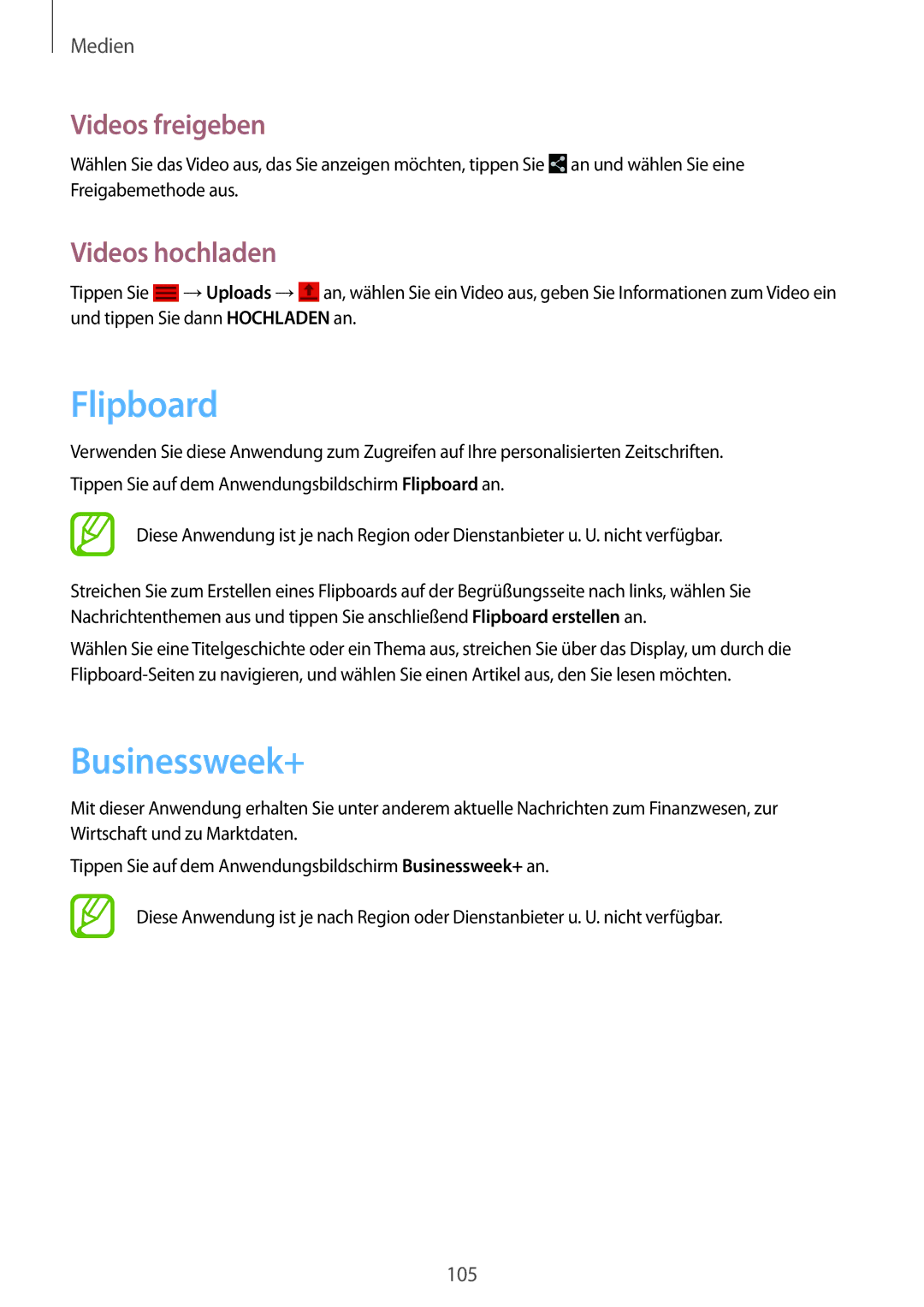 Samsung SM-P9000ZKAXEO, SM-P9000ZWAATO, SM-P9000ZKASEB, SM-P9000ZKAATO manual Flipboard, Businessweek+, Videos hochladen 