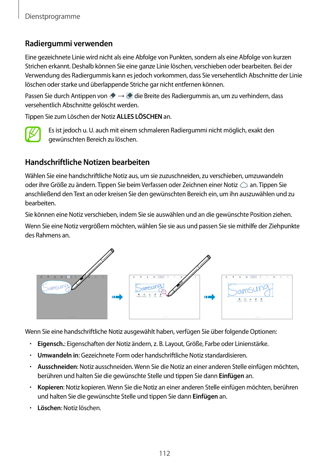 Samsung SM-P9000ZWAXEO, SM-P9000ZWAATO, SM-P9000ZKAXEO manual Radiergummi verwenden, Handschriftliche Notizen bearbeiten 