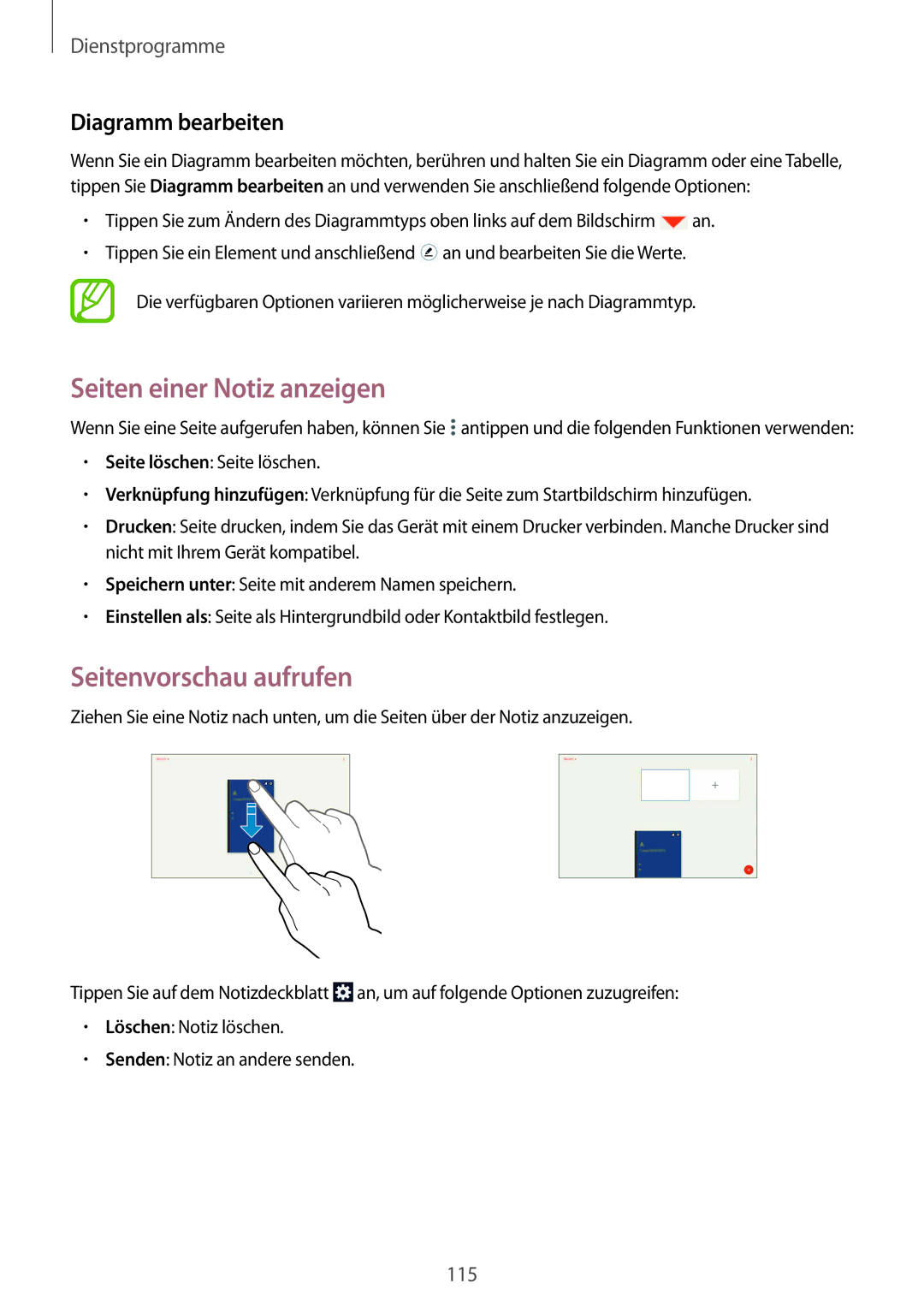 Samsung SM-P9000ZKATPH, SM-P9000ZWAATO manual Seiten einer Notiz anzeigen, Seitenvorschau aufrufen, Diagramm bearbeiten 