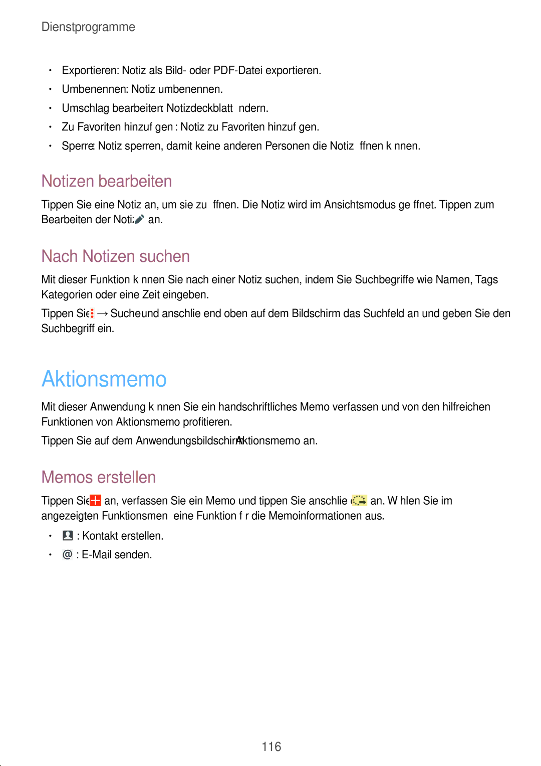 Samsung SM-P9000ZWAXEF, SM-P9000ZWAATO manual Aktionsmemo, Notizen bearbeiten, Nach Notizen suchen, Memos erstellen 