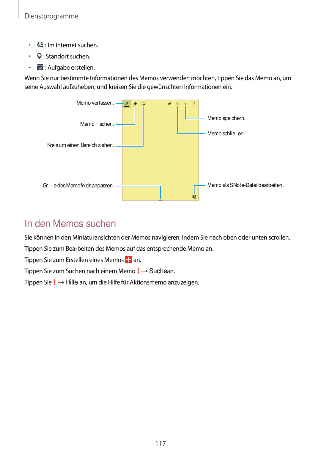 Samsung SM-P9000ZWAATO, SM-P9000ZKAXEO manual Den Memos suchen, Im Internet suchen Standort suchen Aufgabe erstellen 