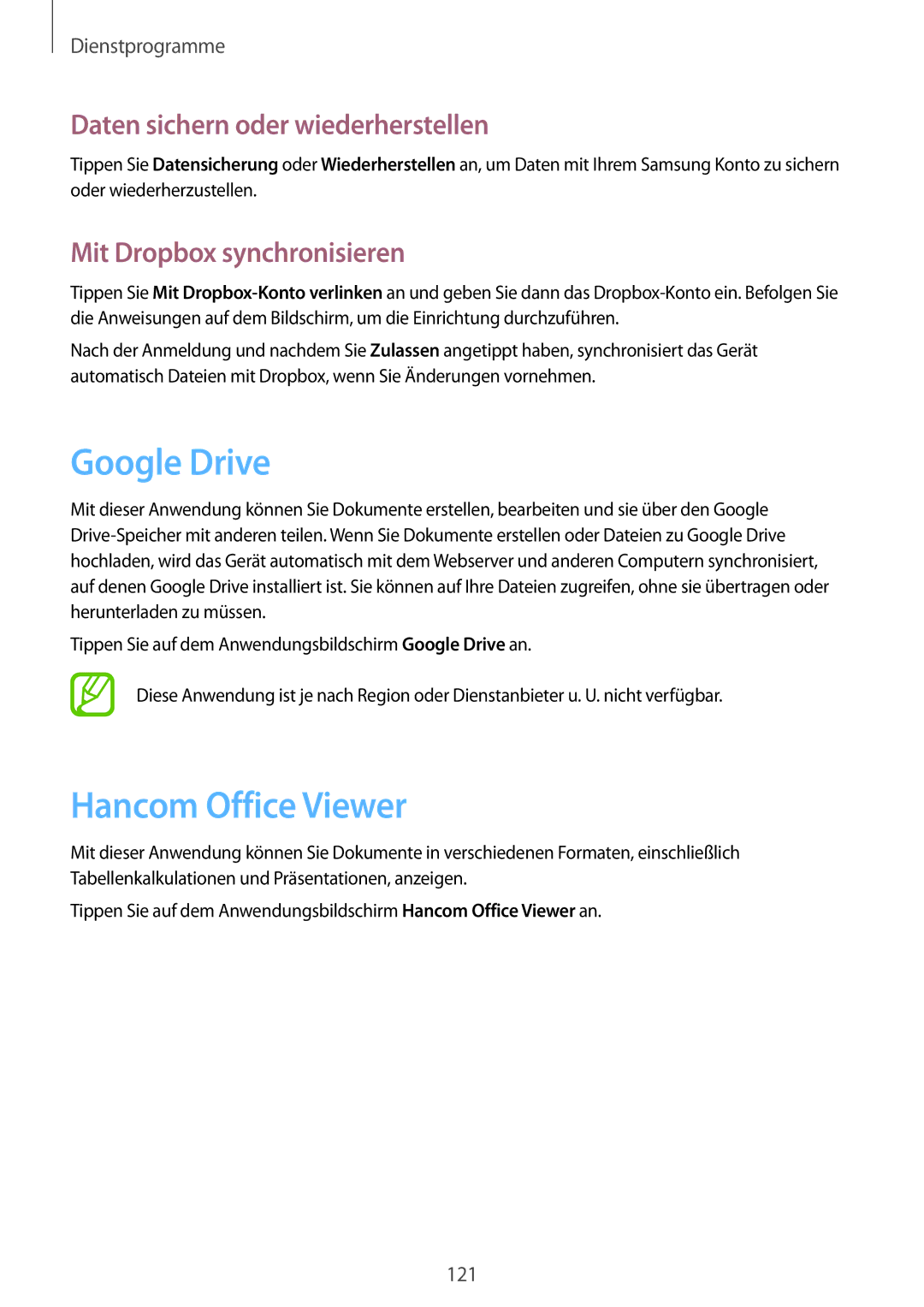 Samsung SM-P9000ZKADBT, SM-P9000ZWAATO manual Google Drive, Hancom Office Viewer, Daten sichern oder wiederherstellen 