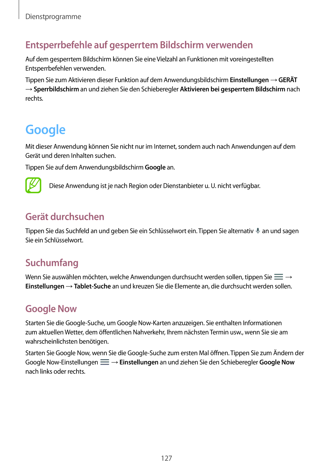 Samsung SM-P9000ZKYEUR manual Google, Entsperrbefehle auf gesperrtem Bildschirm verwenden, Gerät durchsuchen, Suchumfang 