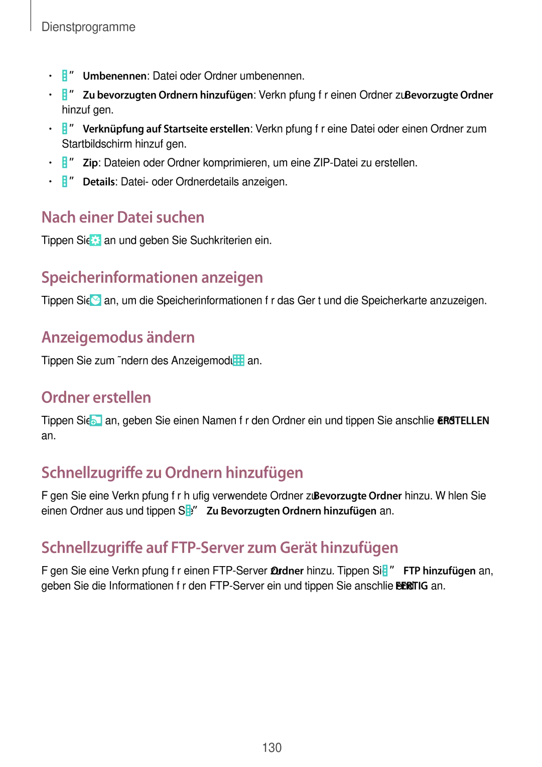 Samsung SM-P9000ZWAATO Nach einer Datei suchen, Speicherinformationen anzeigen, Anzeigemodus ändern, Ordner erstellen 