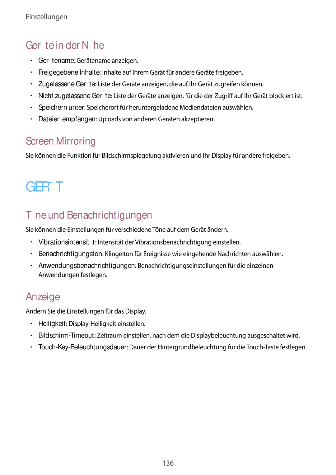 Samsung SM-P9000ZKATUR, SM-P9000ZWAATO manual Geräte in der Nähe, Screen Mirroring, Töne und Benachrichtigungen, Anzeige 