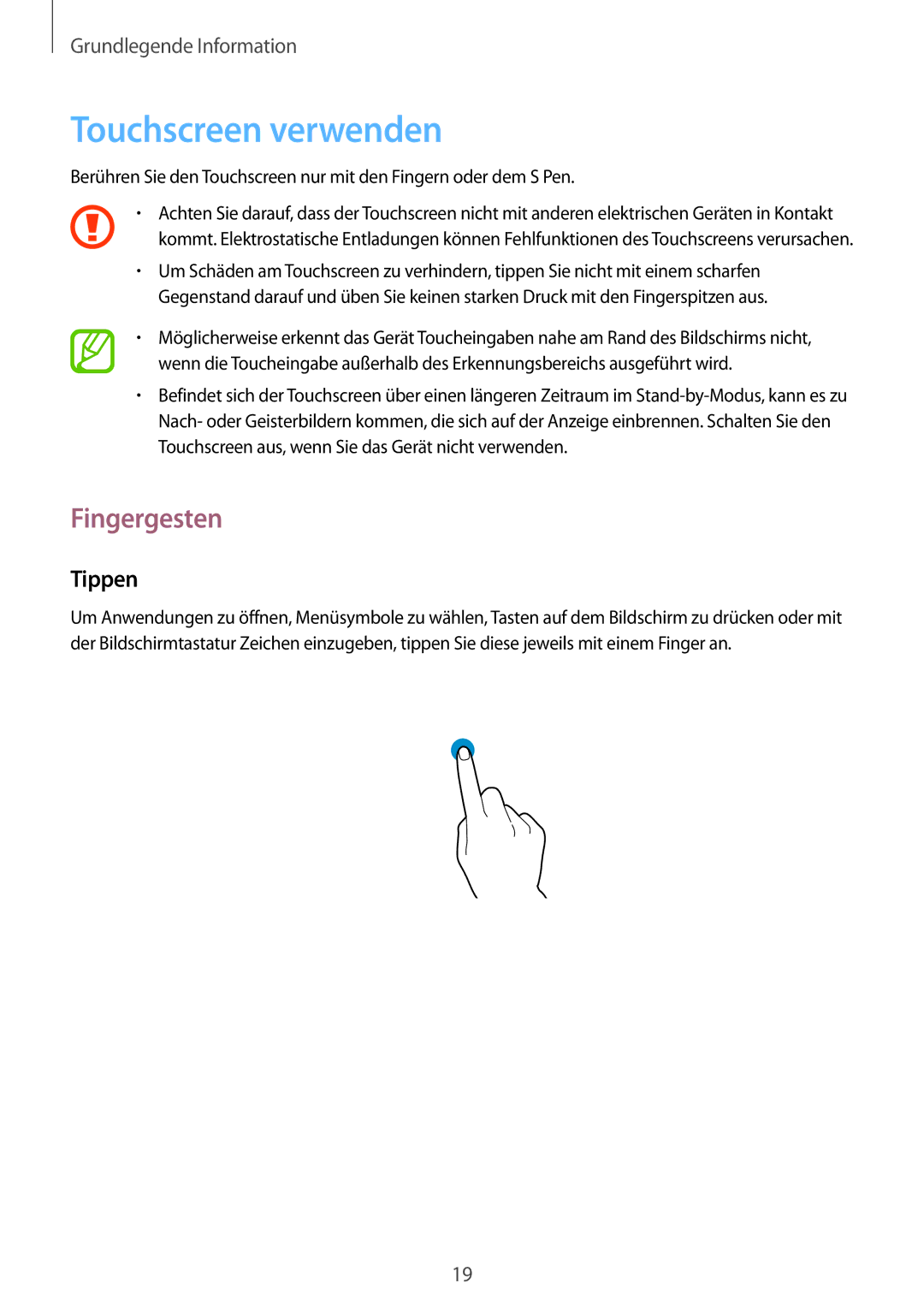 Samsung SM-P9000ZKATUR, SM-P9000ZWAATO, SM-P9000ZKAXEO, SM-P9000ZKASEB manual Touchscreen verwenden, Fingergesten, Tippen 