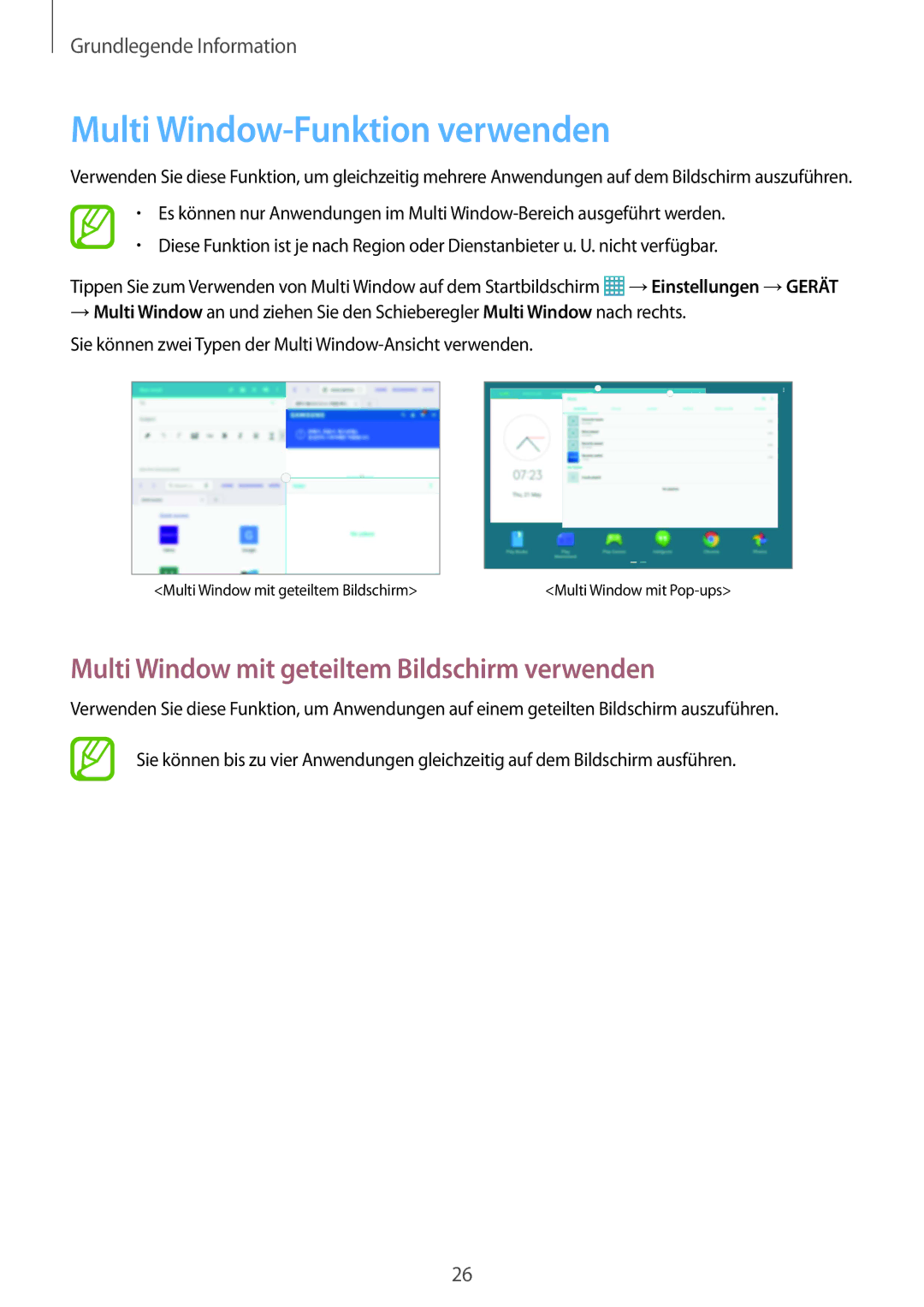 Samsung SM-P9000ZWAATO, SM-P9000ZKAXEO Multi Window-Funktion verwenden, Multi Window mit geteiltem Bildschirm verwenden 