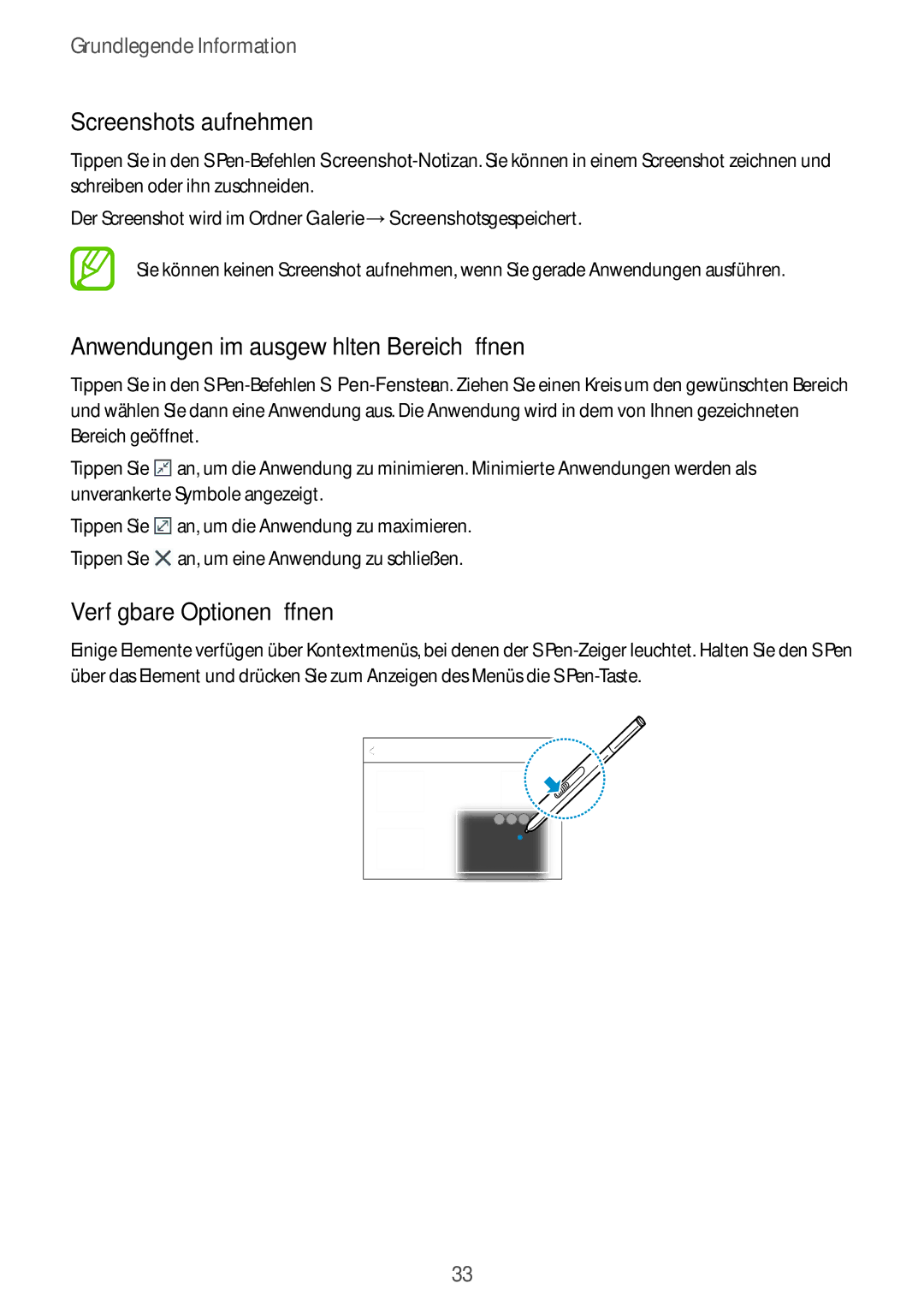 Samsung SM-P9000ZWATPH manual Screenshots aufnehmen, Anwendungen im ausgewählten Bereich öffnen, Verfügbare Optionen öffnen 