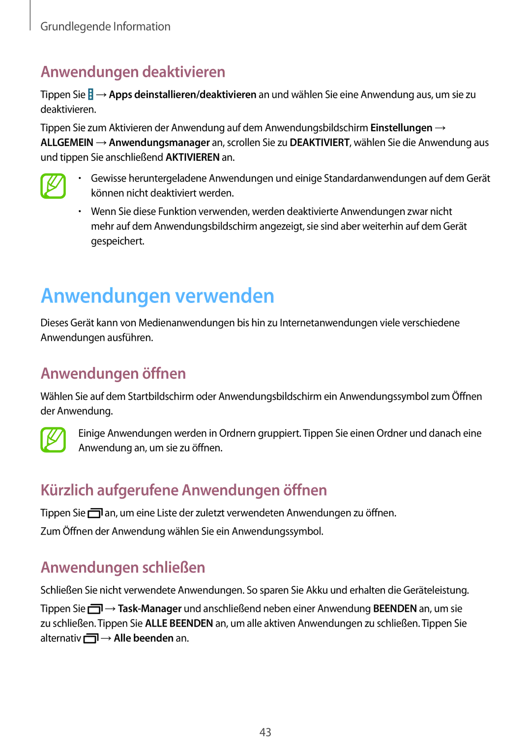 Samsung SM-P9000ZKADBT manual Anwendungen verwenden, Anwendungen deaktivieren, Anwendungen öffnen, Anwendungen schließen 