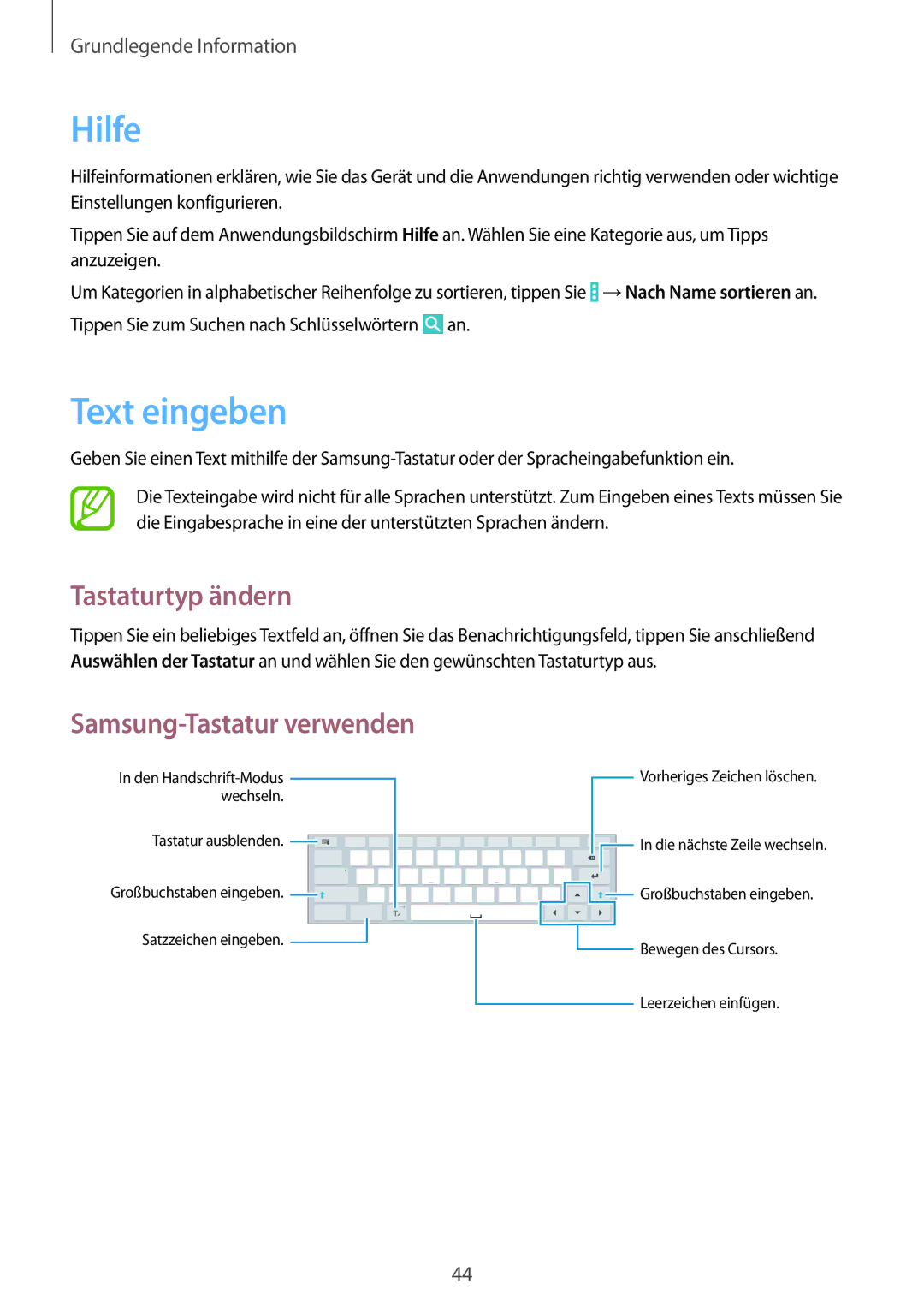 Samsung SM-P9000ZWADBT, SM-P9000ZWAATO, SM-P9000ZKAXEO, SM-P9000ZKASEB manual Hilfe, Text eingeben, Tastaturtyp ändern 