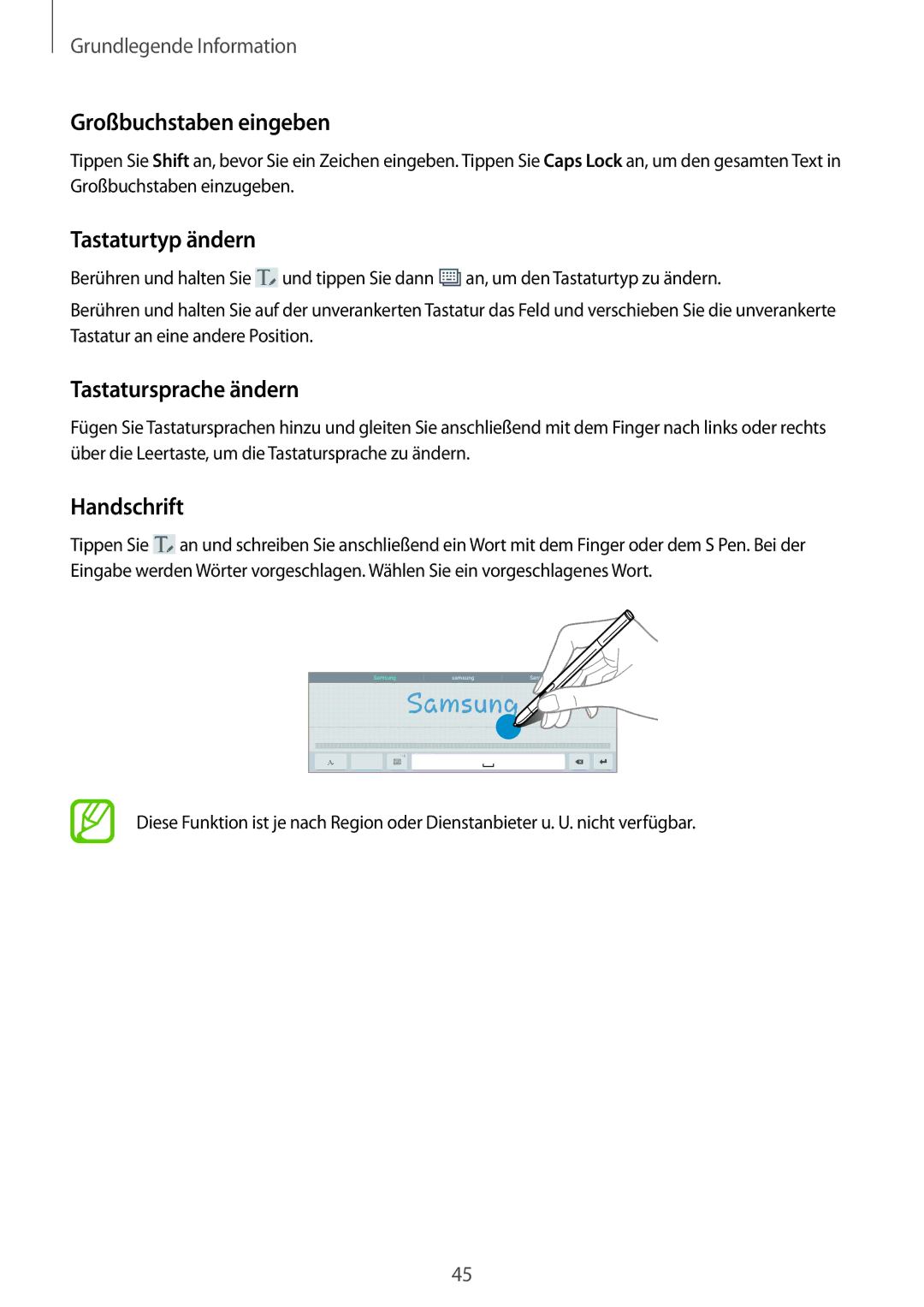 Samsung SM-P9000ZKATUR, SM-P9000ZWAATO Großbuchstaben eingeben, Tastaturtyp ändern, Tastatursprache ändern, Handschrift 