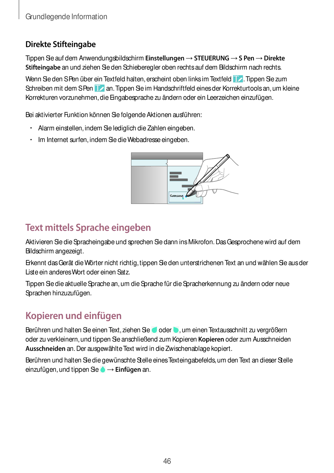 Samsung SM-P9000ZWATPH, SM-P9000ZWAATO manual Text mittels Sprache eingeben, Kopieren und einfügen, Direkte Stifteingabe 