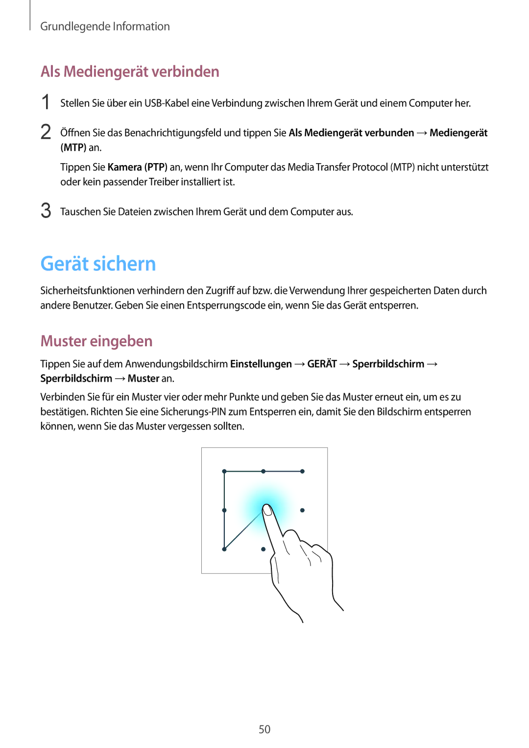 Samsung SM-P9000ZKATPH, SM-P9000ZWAATO, SM-P9000ZKAXEO manual Gerät sichern, Als Mediengerät verbinden, Muster eingeben 