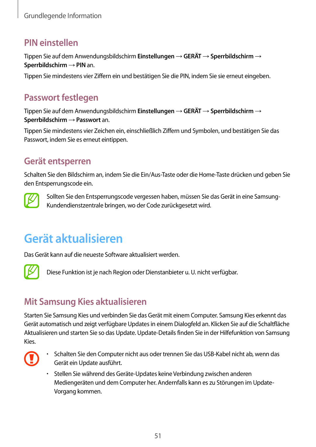 Samsung SM-P9000ZWAXEF, SM-P9000ZWAATO manual Gerät aktualisieren, PIN einstellen, Passwort festlegen, Gerät entsperren 