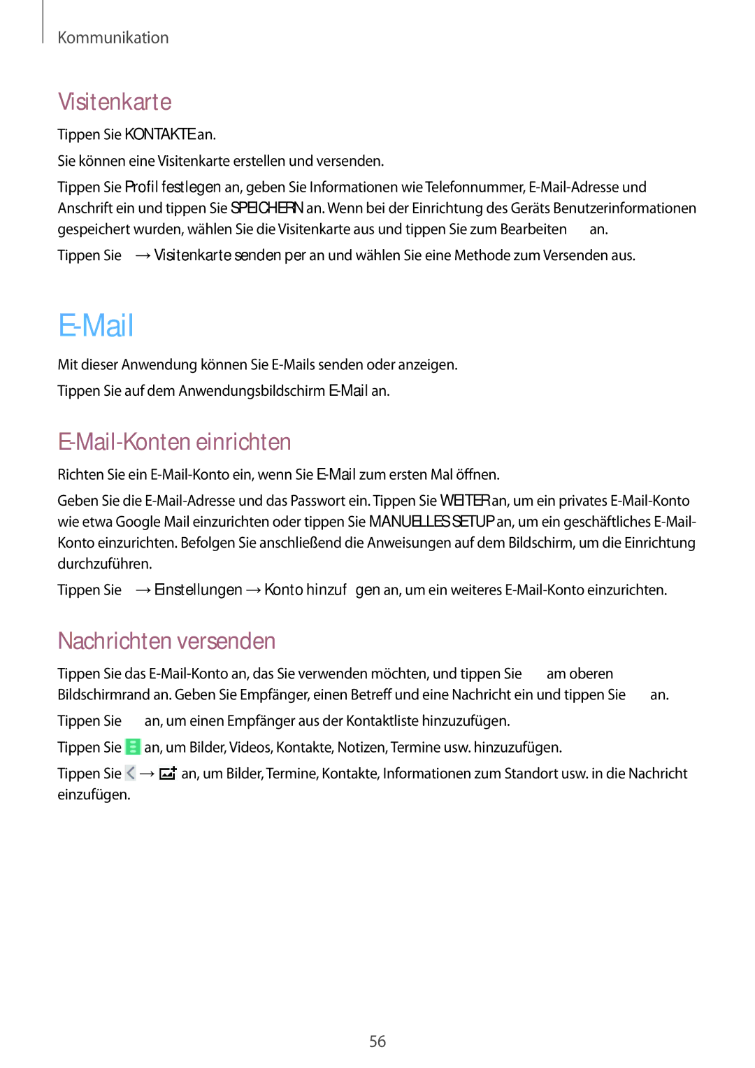 Samsung SM-P9000ZKADBT, SM-P9000ZWAATO, SM-P9000ZKAXEO manual Visitenkarte, Mail-Konten einrichten, Nachrichten versenden 