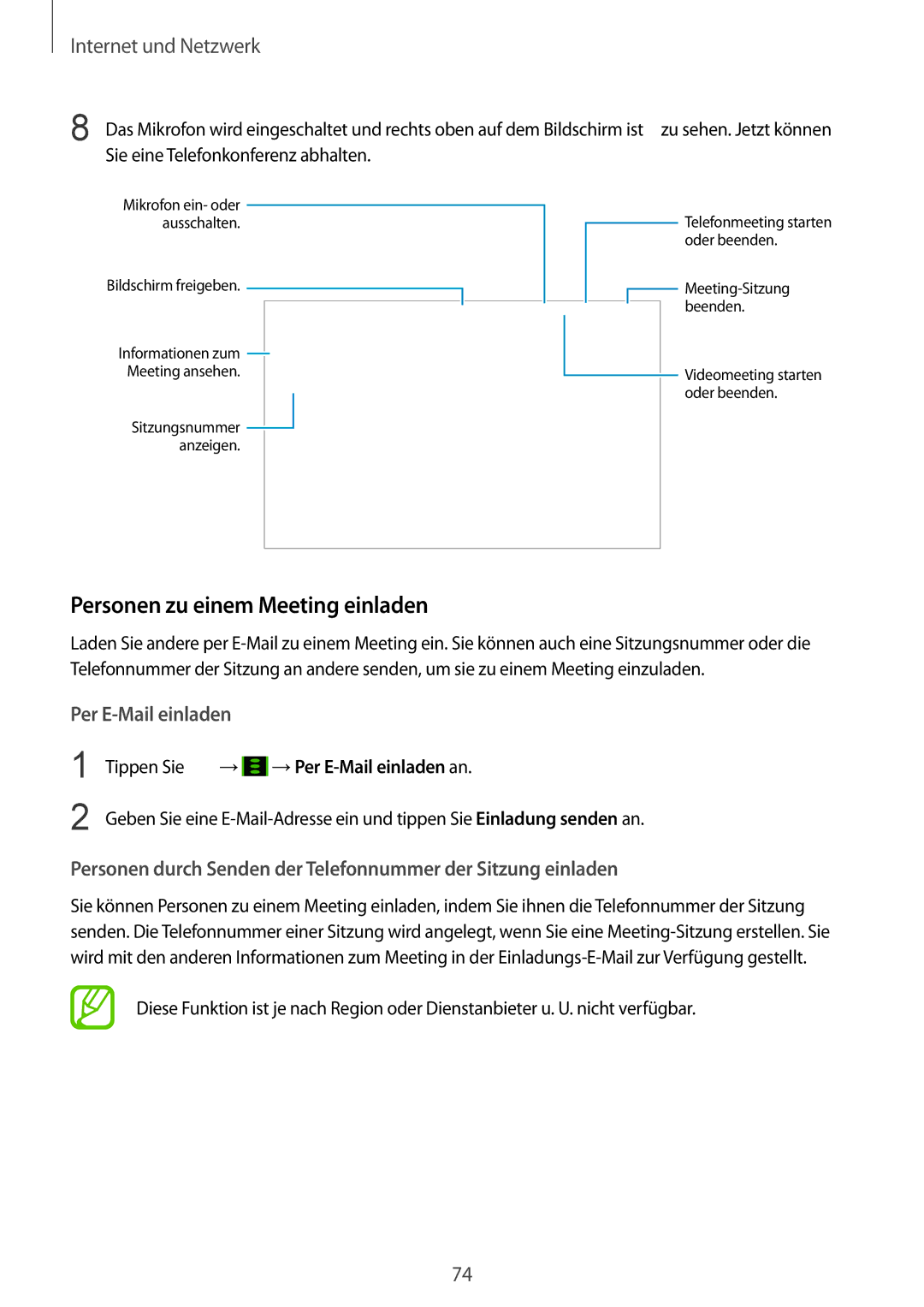 Samsung SM-P9000ZWATUR, SM-P9000ZWAATO, SM-P9000ZKAXEO manual Personen zu einem Meeting einladen, Bildschirm freigeben 