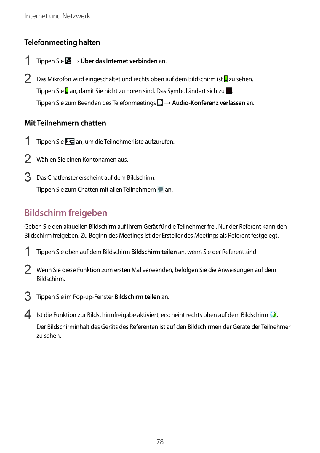 Samsung SM-P9000ZWAATO, SM-P9000ZKAXEO, SM-P9000ZKASEB Bildschirm freigeben, Telefonmeeting halten, Mit Teilnehmern chatten 