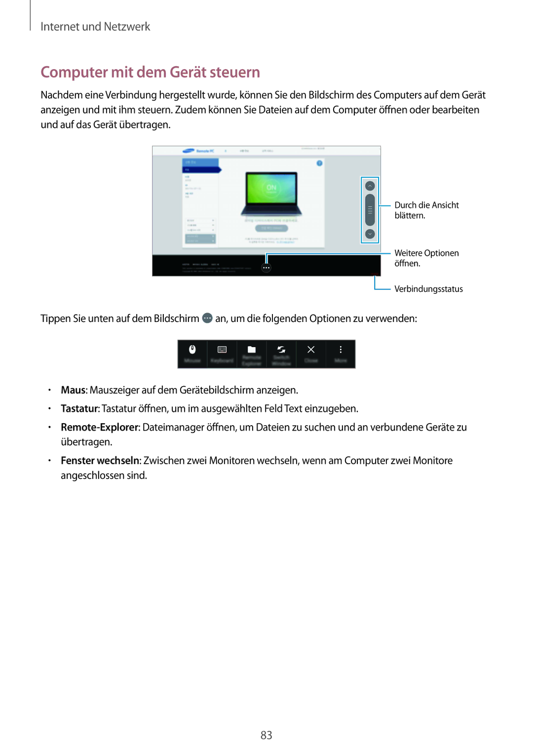 Samsung SM-P9000ZWADBT, SM-P9000ZWAATO, SM-P9000ZKAXEO, SM-P9000ZKASEB, SM-P9000ZKAATO manual Computer mit dem Gerät steuern 